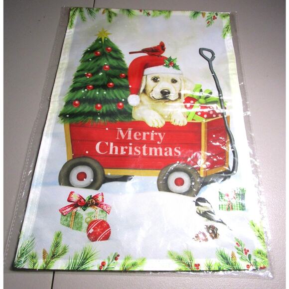 Blissful Yards Christmas Garden Flag 12x18 Inch Puppy in Red Wagon Holiday Decor - Picture 2 of 2